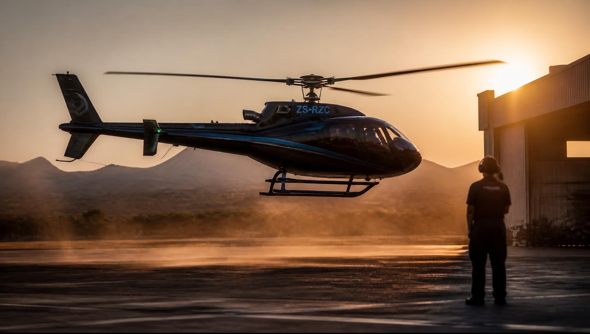 Heli Forge helicopter lifting off from a South African airfield at sunrise